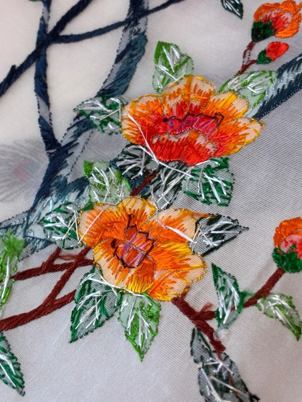 Vintage Embroidered Silk Textile with Peacocks and Flowers - 28x18 inches